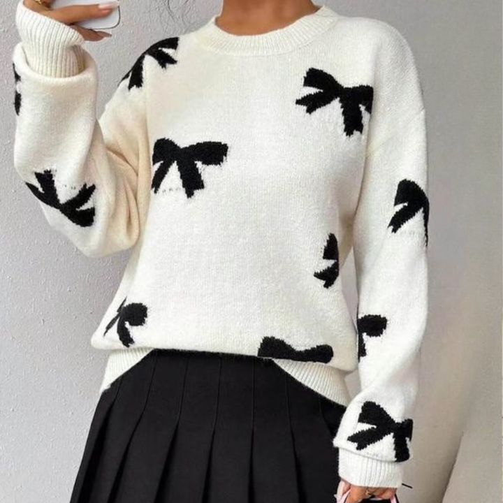 FRANCES™ - Fashionable Bow Print O-Neck Knit Winter Sweater Pullover